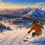 Skier carving down a snowy mountain near Denver with ski resort, chairlifts, and Rocky Mountains in the background at sunset