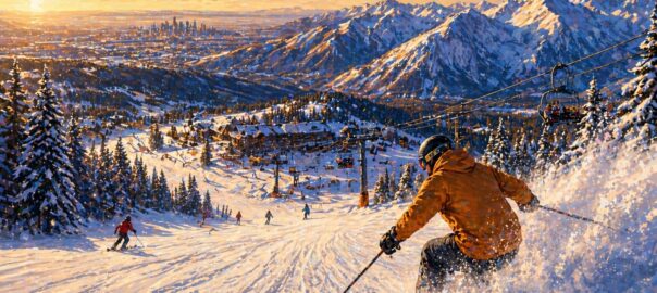 Skier carving down a snowy mountain near Denver with ski resort, chairlifts, and Rocky Mountains in the background at sunset