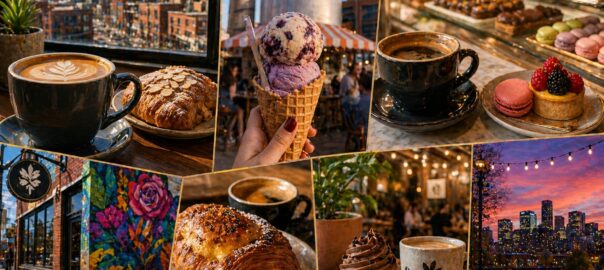 Collage of coffee and dessert spots in Denver featuring lattes, pastries, ice cream, and cozy café settings with city skyline and mountain views