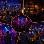 Illustrated collage of Denver nightlife featuring rooftop cocktails, live music, dancing, speakeasy bar, and arcade games with city skyline at night