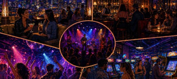 Illustrated collage of Denver nightlife featuring rooftop cocktails, live music, dancing, speakeasy bar, and arcade games with city skyline at night