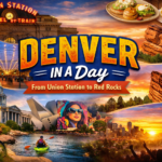 Denver one day itinerary featuring Union Station, Larimer Square, skyline, and Red Rocks at sunset