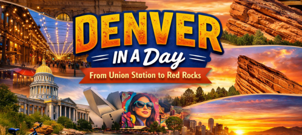 Denver one day itinerary featuring Union Station, Larimer Square, skyline, and Red Rocks at sunset