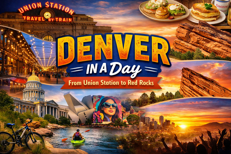 Denver one day itinerary featuring Union Station, Larimer Square, skyline, and Red Rocks at sunset