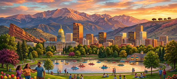 Vibrant panoramic view of Denver's top parks at golden hour sunset