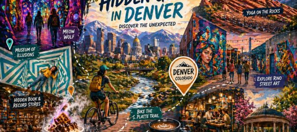 Colorful illustrated collage of Denver hidden gems featuring immersive art, street murals, Red Rocks Amphitheatre, biking along a river trail, and local food spots in a vibrant city setting